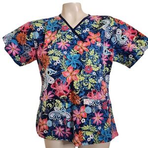 Peaches Uniforms Scrub Top Womens Medium Blue Floral Paisley Cotton Mock Wrap